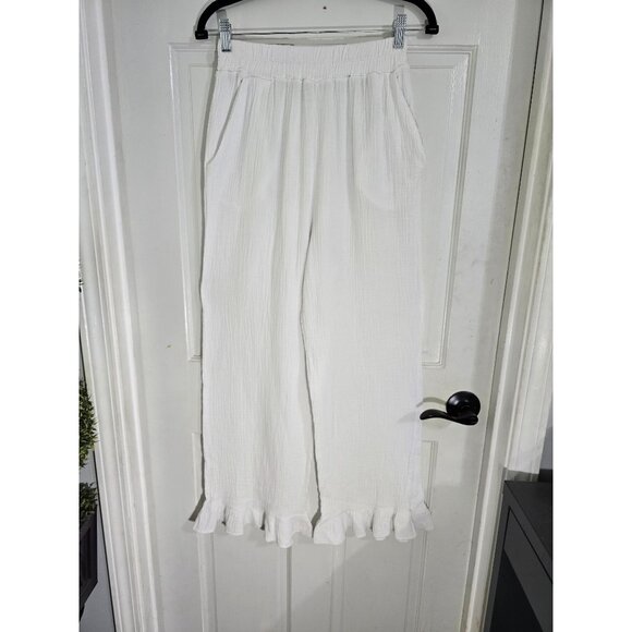 White Ruffle Hem Cotton Pants By Kaktus M Size - Picture 5 of 11